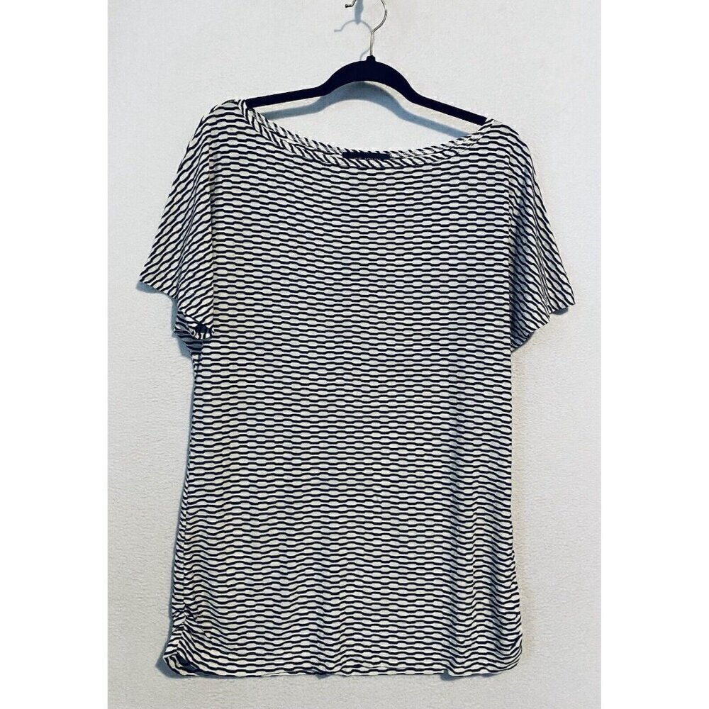St John Top Womens Medium Ivory Black Geometric Print Short Sleeve Jersey Knit